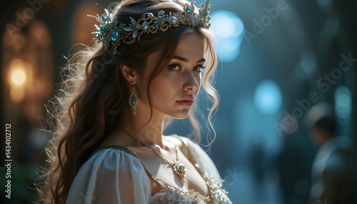 Portrait of beautiful queen with crown and jewelry fantasy art ai generated image for royalty concept