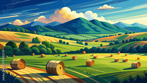 Hay bales in pasture on horse farm in shadow of the Blue Ridge Mountains in central Virginia near Charlottesville.