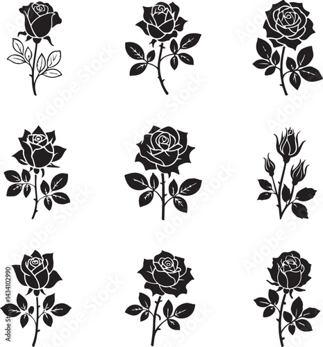 Collection of Rose Silhouette Icon Isolated on White Background
