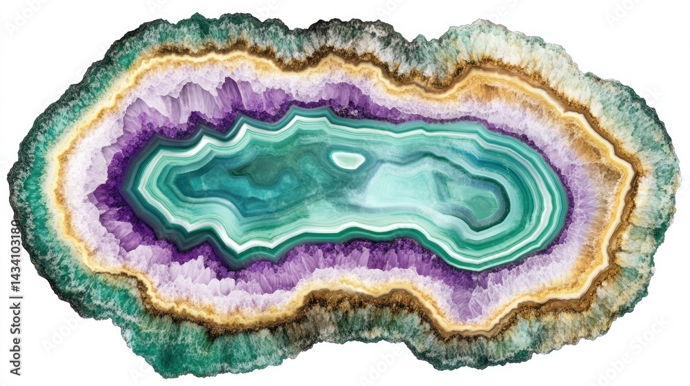 Polished agate geode slice with purple, green, and gold banding. Polished agate geode slice with purple, green, and gold banding.