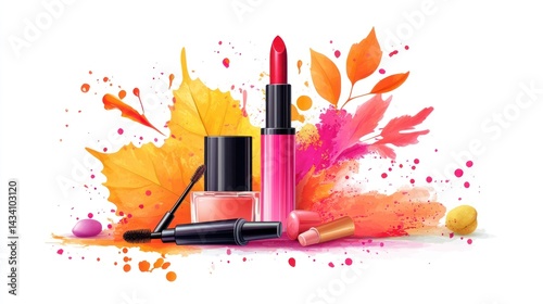Autumn makeup products displayed on a white background photo