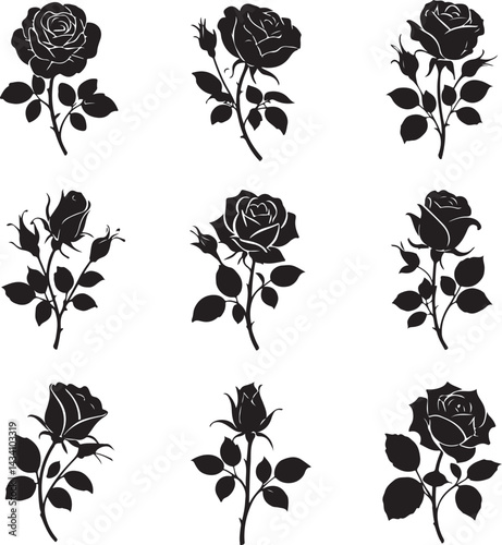 Collection of Rose Silhouette Icon Isolated on White Background
