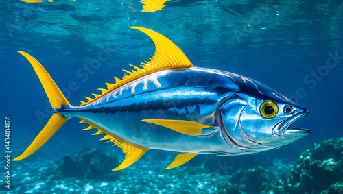 Vibrant yellowfin tuna gliding through clear blue ocean