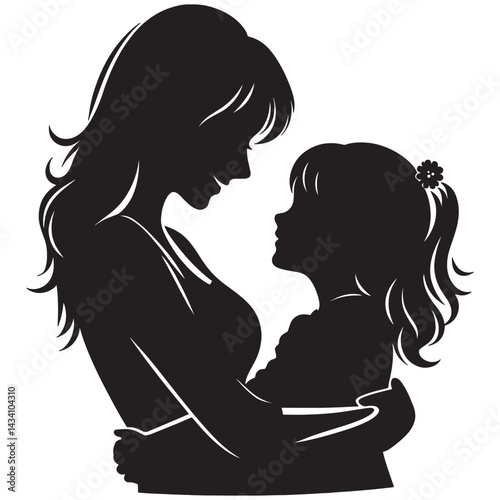 Mother daughter silhouette illustration of love and care in a beautiful black and white design, mothers day