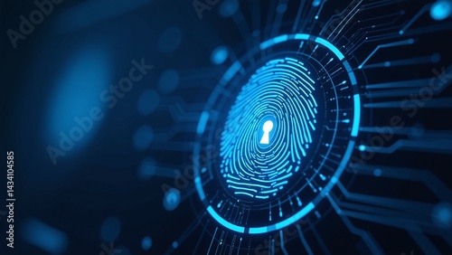 Digital lock interface with fingerprint scanning, futuristic access verification, high-security concept for online data protection photo