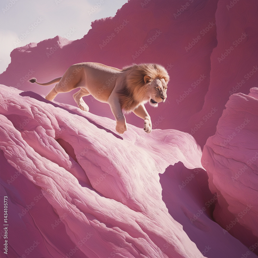 Obraz premium features a majestic lion running up a pink rock formation, set against a surreal and vibrant landscape.
