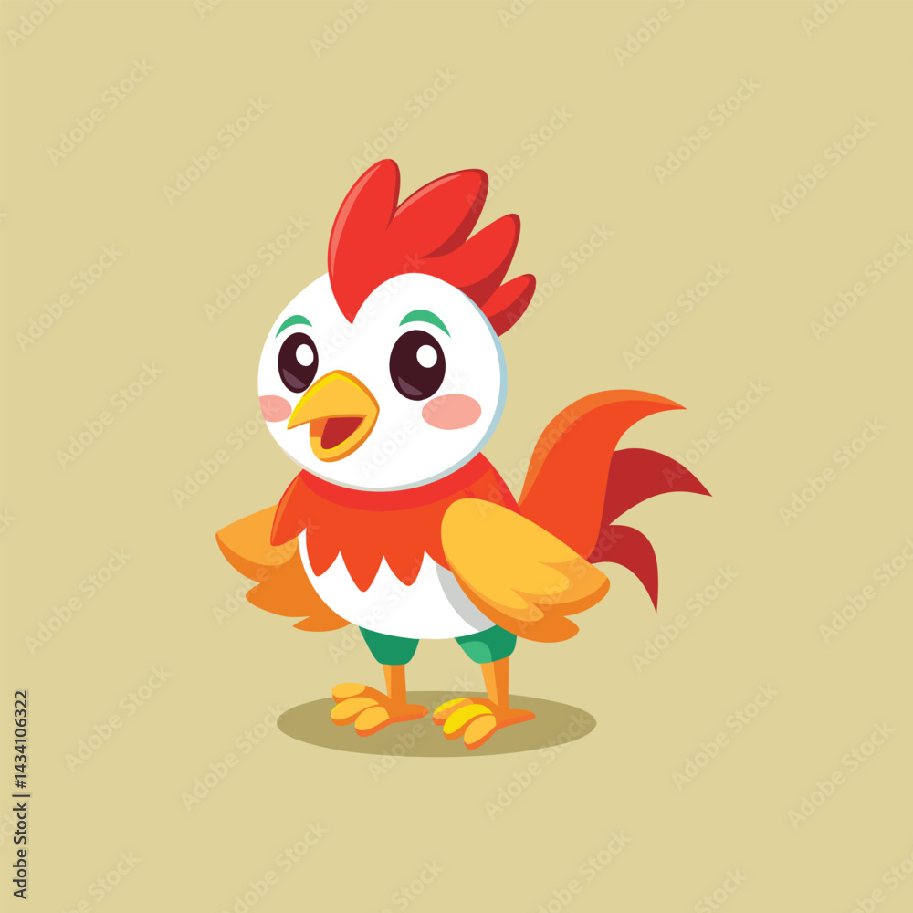 Obraz premium Cheerful rooster with orange beak and colorful plumage vector illustration isolated on yellow background