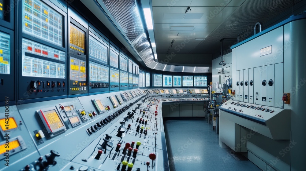 Modern control room with numerous monitors and switches. Modern control room with numerous monitors and switches.