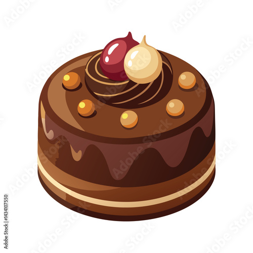Chocolate truffle cake with creamy topping and caramel details Vector illustration isolated on white background