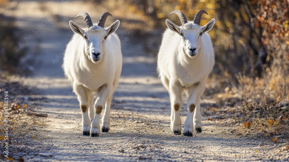 Obraz premium Two white mountain goats walking on a path.