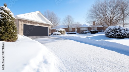 Snowy residential driveway in front of a house with a garage