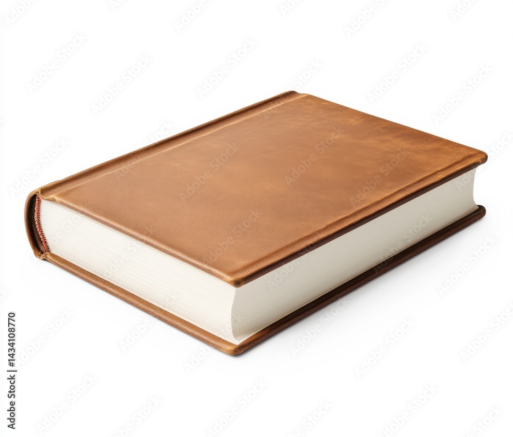 A closed, tan leather-bound book with white pages and a red spine sits on a white background