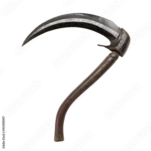 A metallic scythe with a curved blade and wooden handle, designed for cutting crops or grass.