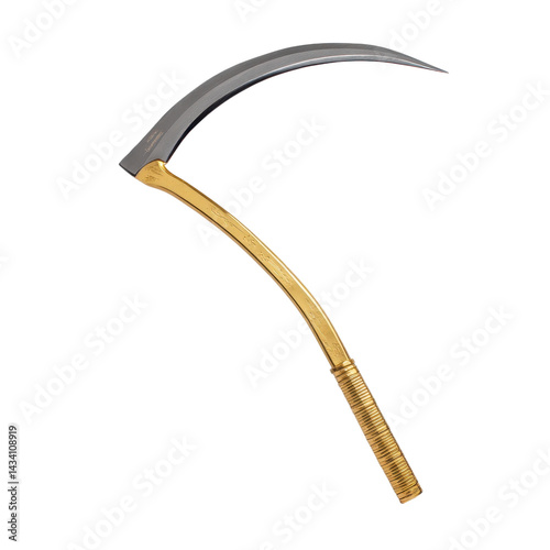 A decorative scythe featuring a curved metallic blade and a golden handle, symbolizing agriculture and harvest.