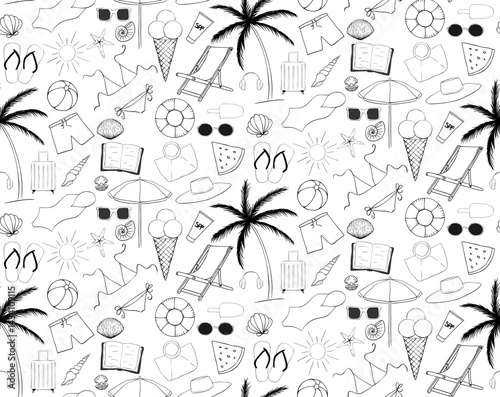 Tropical vacation seamless pattern with palm trees, chair, suitcase, swimwear etc. Vector graphic line ink Hand drawn minimal art background. Surface cover design. Fabric textile print.