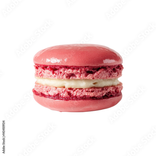 A vibrant pink macaron featuring a creamy filling, showcasing a smooth, glossy surface and a delicate texture.