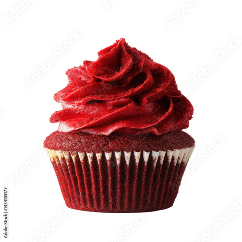 A vibrant red velvet cupcake topped with swirls of rich cream cheese frosting.