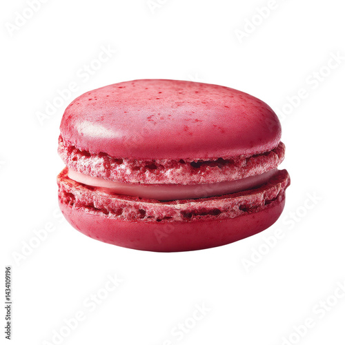 A vibrant red macaron featuring a smooth filling, showcasing its delicate texture and inviting appearance.
