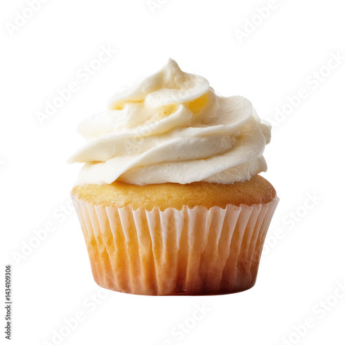 A delicious cupcake topped with fluffy white frosting, showcasing a golden base and a textured paper wrapper.