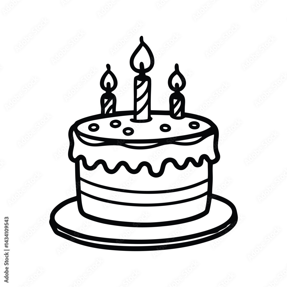 Classic birthday cake with three candles and decorative frosting silhouette isolated on white background Classic birthday cake with three candles and decorative frosting silhouette isolated on white background