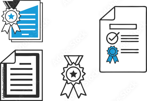 Document icons and certificate symbols in a minimalist vector art with blue and black color scheme