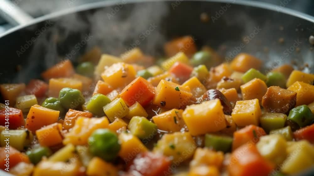 Cooking Fresh Vegetables in Frying Pan with Steam Close Up Cooking Fresh Vegetables in Frying Pan with Steam Close Up