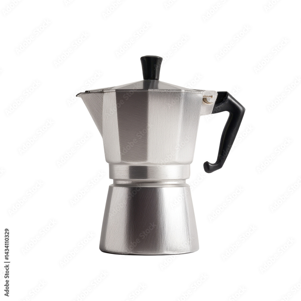 A classic stovetop espresso maker with a sleek metallic finish and a black handle, designed for brewing rich coffee. A classic stovetop espresso maker with a sleek metallic finish and a black handle, designed for brewing rich coffee.