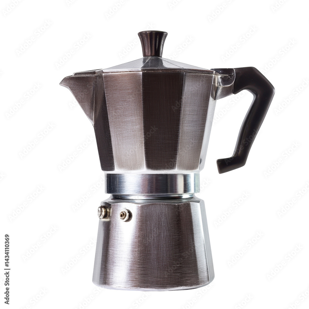 A stylish stovetop espresso maker with a metallic finish, featuring a unique octagonal shape and a comfortable handle. A stylish stovetop espresso maker with a metallic finish, featuring a unique octagonal shape and a comfortable handle.