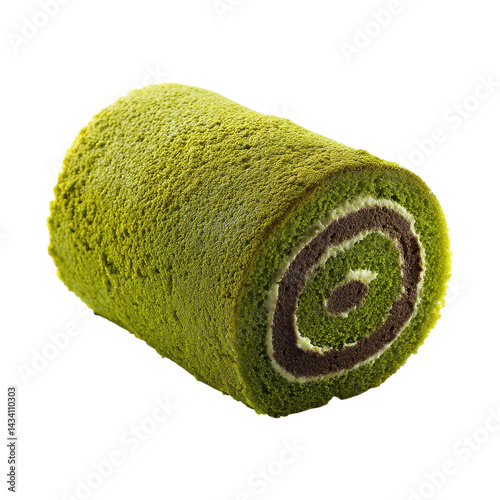A green matcha roll cake with a spiral chocolate filling, showcasing a textured surface and a rich blend of flavors.