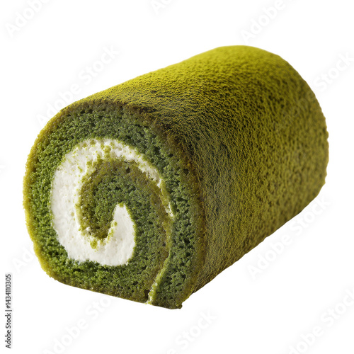 A delicious green matcha roll cake with a creamy filling, showcasing a spiral pattern and a soft, textured surface.