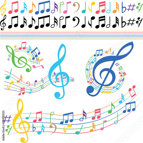 Collection of colorful musical signs, symbols, arts, illustrations, graphical shapes on white background.