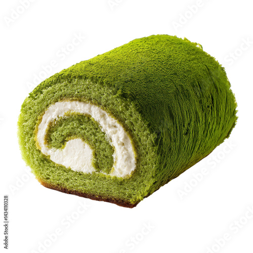 A vibrant green roll cake with a creamy filling, showcasing a spiral pattern and a soft, textured surface.