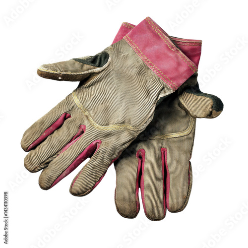 Worn work gloves with a striped design and pink accents, showcasing their rugged texture and practical use.