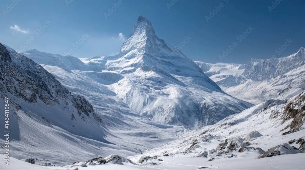 Obraz premium Majestic Matterhorn Peak Glitters Under Azure Sky in Swiss Alps Winter Wonderland Scenic Landscape Capturing Serene Beauty and Tranquil Mountain Vista