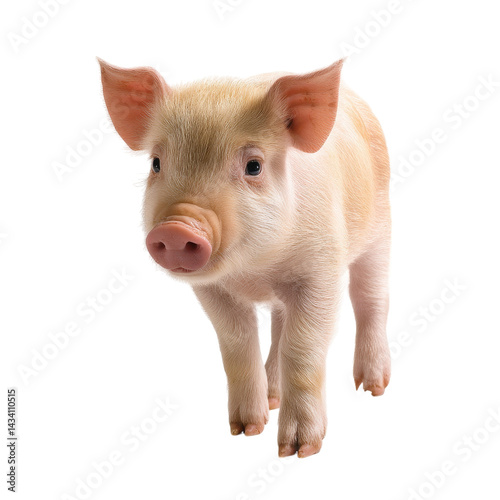 A young pig stands with its ears perked up, displaying a curious expression and a soft, light pink coat.