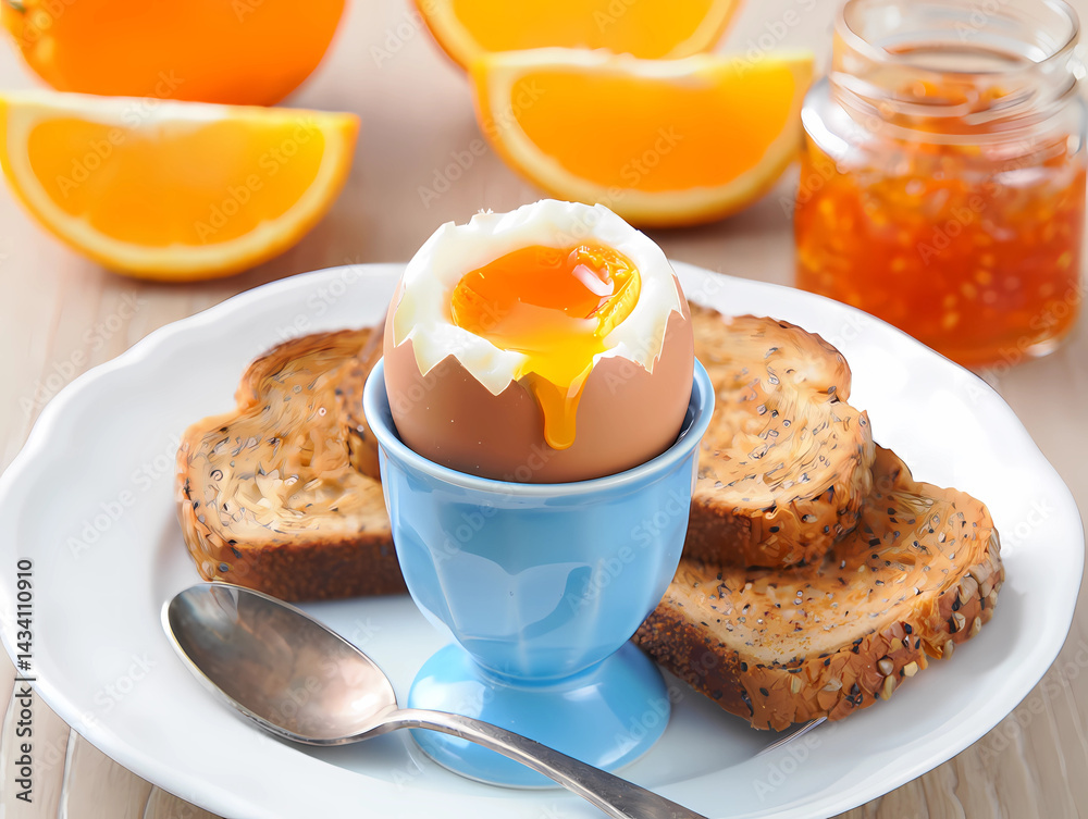 Fototapeta premium Soft Boiled Egg with Toast and Orange Slices