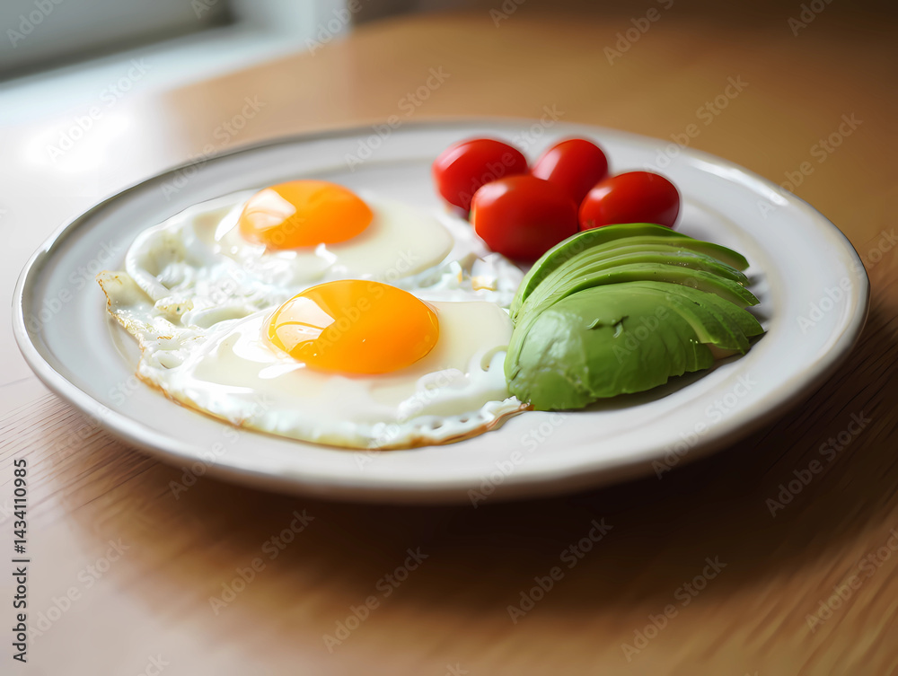 Eggs, Avocado and Tomatoes on Plate for Healthy Breakfast Eggs, Avocado and Tomatoes on Plate for Healthy Breakfast