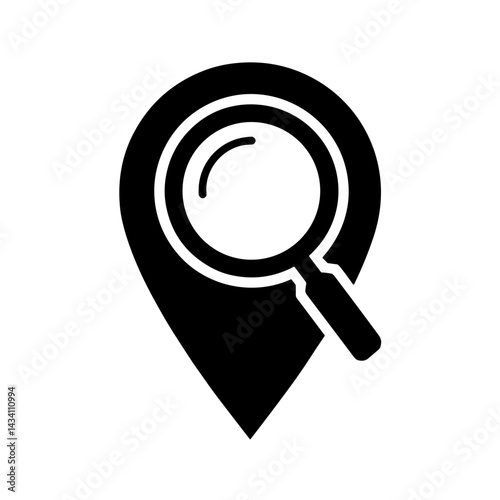Map pin with magnifying glass inside representing search nearby location feature in UI or ecommerce - concept of geolocation explore feature