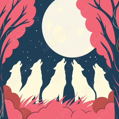 "Wolf silhouettes howling under moonlit skies with forest, mountain, and aurora backdrops, vector illustration"