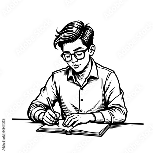 Young man in glasses writing in a notebook while studying - concept of education learning concentration focus student