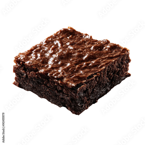 A rich, fudgy chocolate brownie square with a glossy top and a dense, moist texture.
