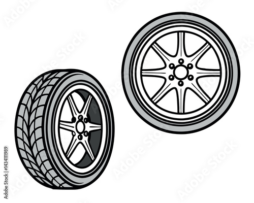 Two Car Wheels with Five-Spoke Rims and Tires Illustration.