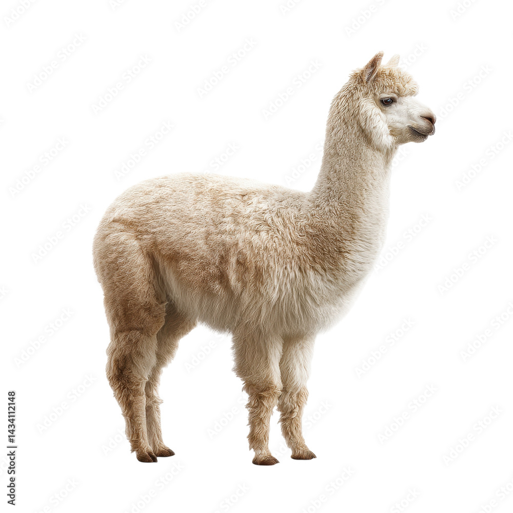 Obraz premium A light-colored alpaca stands gracefully, showcasing its fluffy coat and unique facial features.