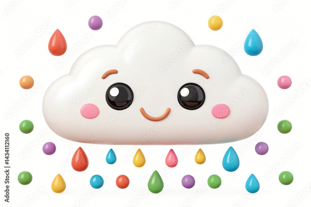 Obraz premium Adorable Cartoon Cloud Character Raining Colorful Drops and Balls Cute 3D Render