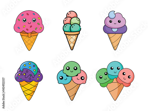 Collection of colorful ice cream cones with various flavors and cute faces vector illustration isolated on white background