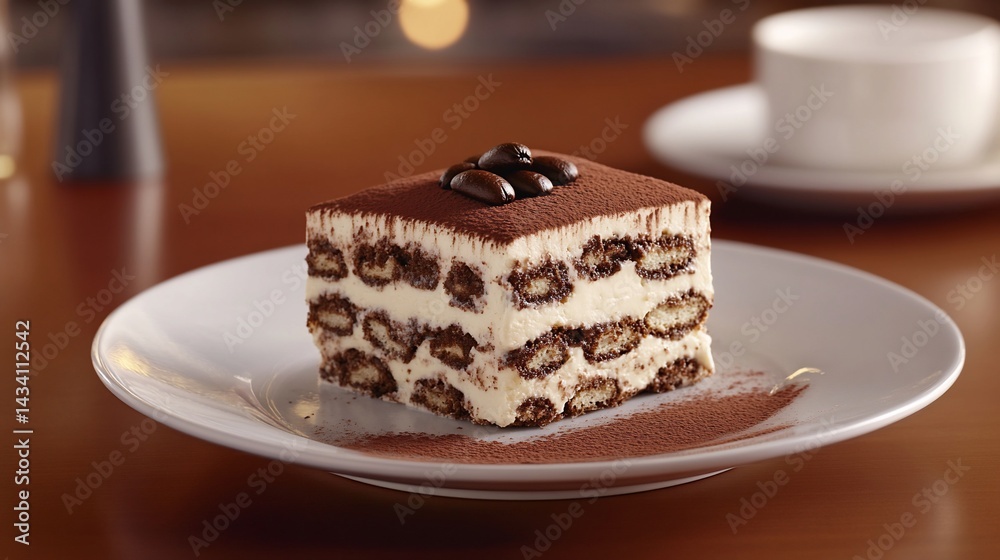 A square slice of tiramisu, dusted with cocoa powder, sits on a white plate A square slice of tiramisu, dusted with cocoa powder, sits on a white plate