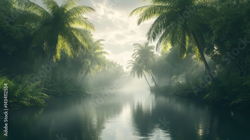 Misty rainforest river landscape