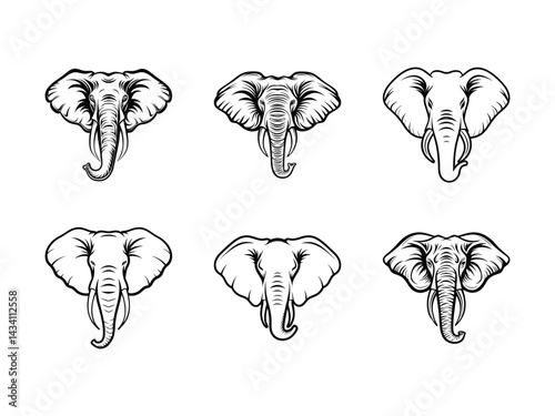 Collection of elephant front face illustrations silhouette isolated on white background