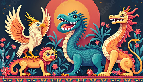 Fantasy Creatures Illustration with Sunset Background