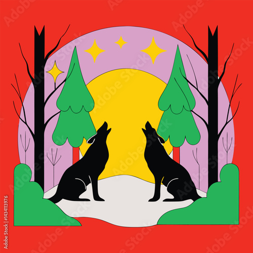 "Wolf silhouettes howling under moonlit skies with forest, mountain, and aurora backdrops, vector illustration"